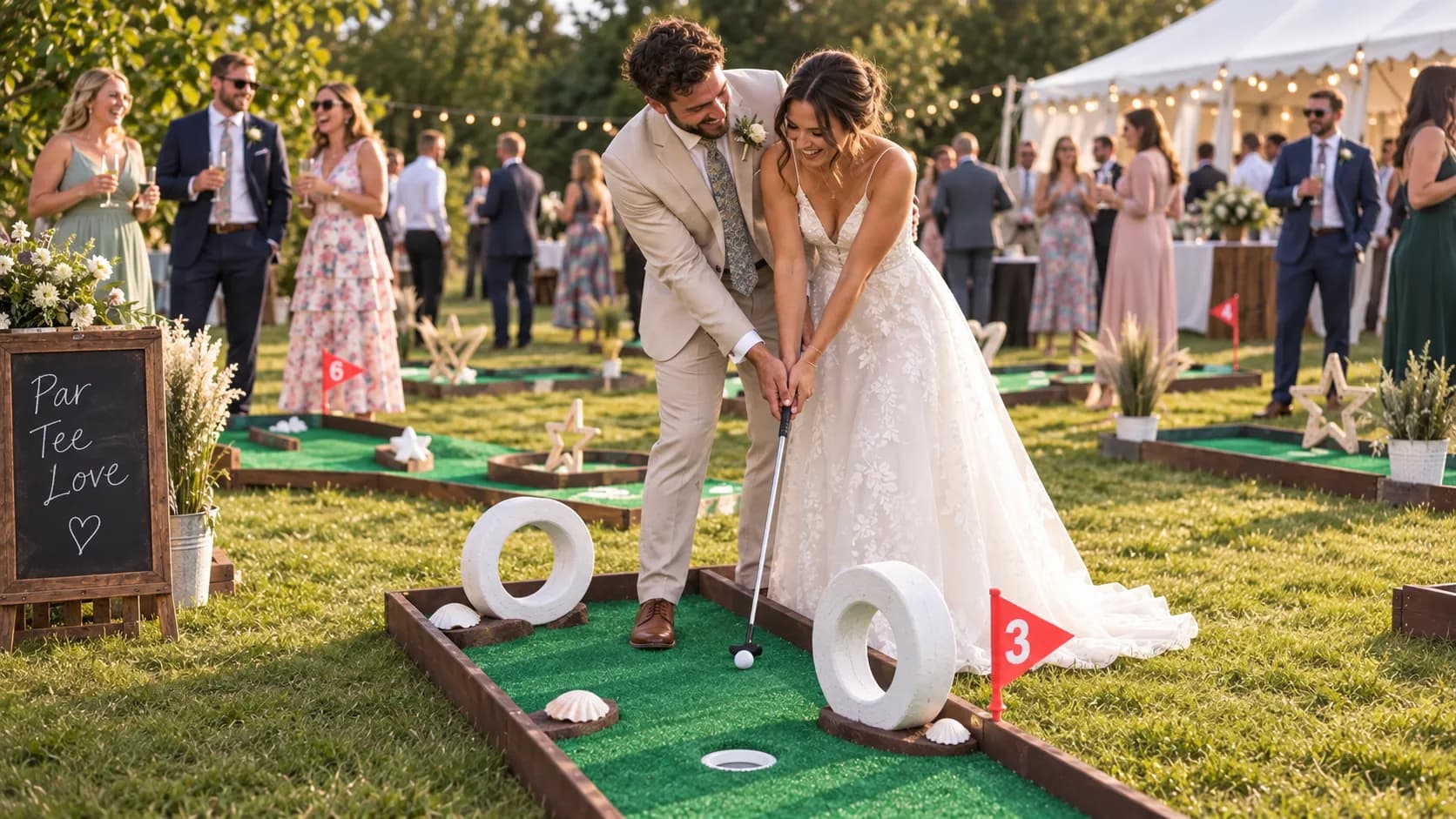 A bride and groom putting together on a Mini Golf Club wedding course, guests and marquee behind